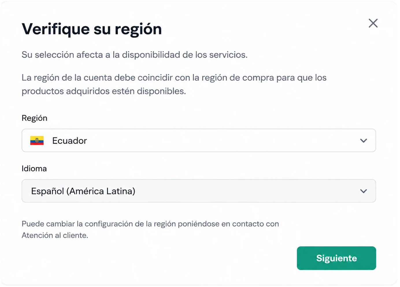 Pantalla para verificar la región